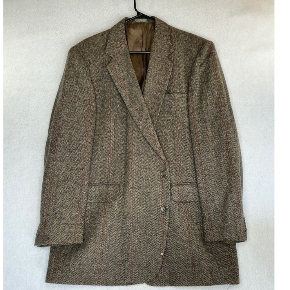 Imperial by Haggar Blazer Mens 46L Brown Wool Herringbone Striped Sport Coat - Picture 2 of 11